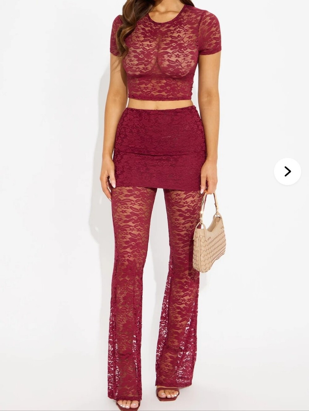 Fashion Nova Burgundy Lace Two-Piece Pantsuit Set